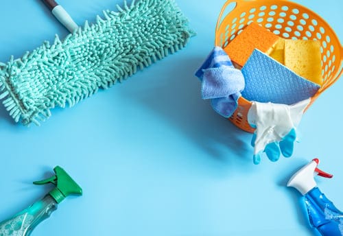 Cleaning supplies arranged for a recurring house cleaning schedule in Hanford, CA
